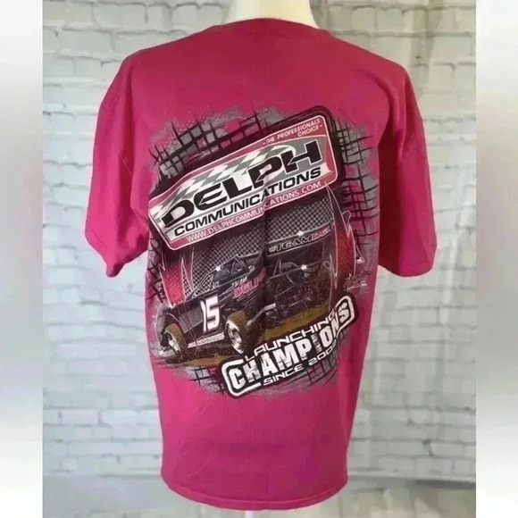 Vintage Delph Communications Pink NASCAR T Shirt Top Race car Adult Size L 2002 - Picture 1 of 14